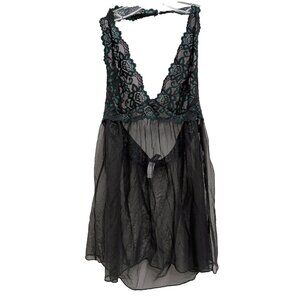 Vintage Y2K Frederick's Womens Lace Babydoll Top Mediuum Black Sheer Fairy